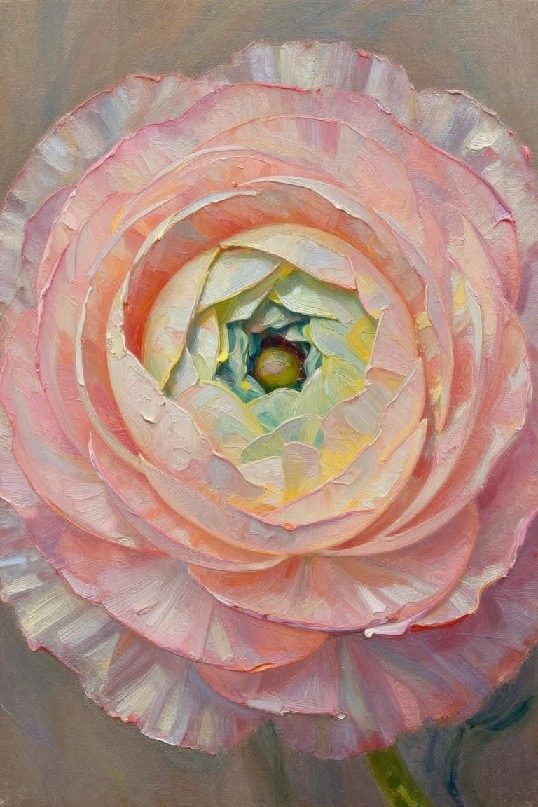 Close-up oil painting of a peach-pink ranunculus flower with ruffled textured petals, green center, and neutral background.