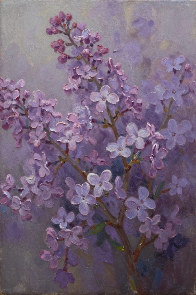 Oil painting of a single curving lilac branch with purple flowers against a soft gray-purple background.