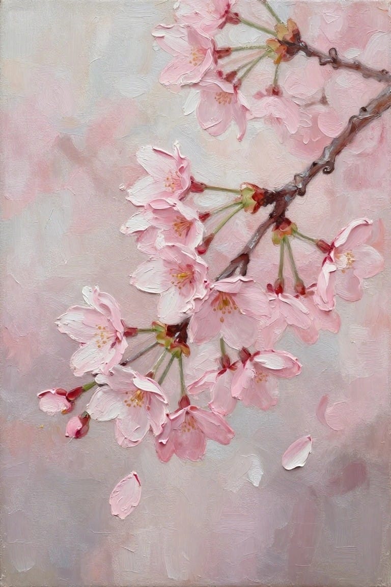 Oil painting of pink cherry blossom branches with textured petals and falling blooms on a soft beige-pink background.