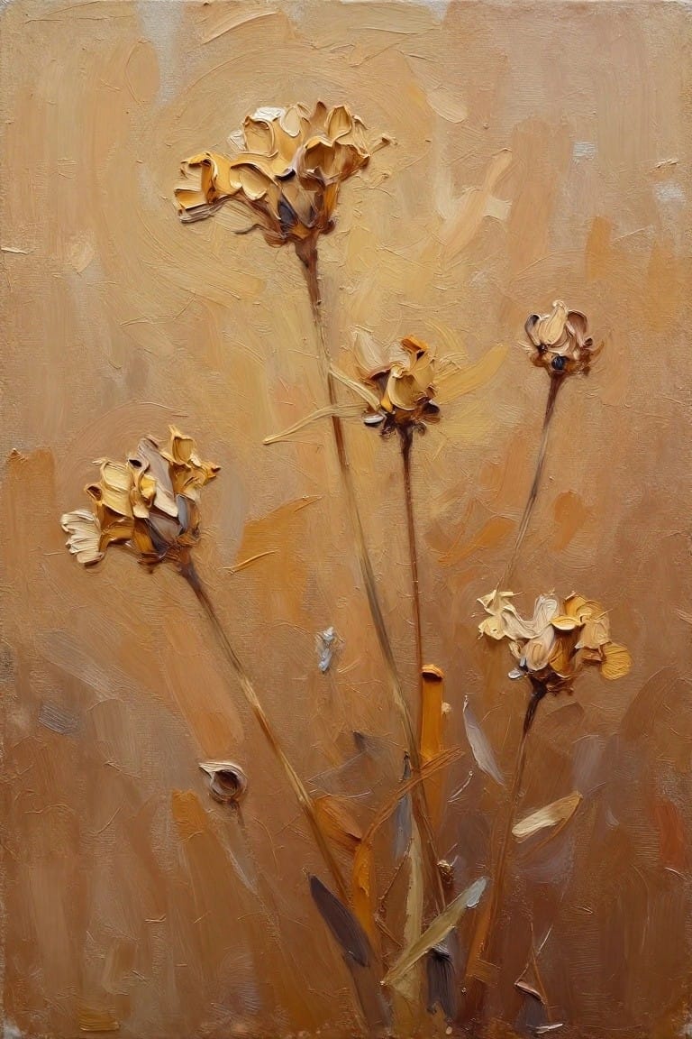 Oil painting of clustered dried yellow-orange flower heads with textured impasto petals on thin stems against a blended beige background.