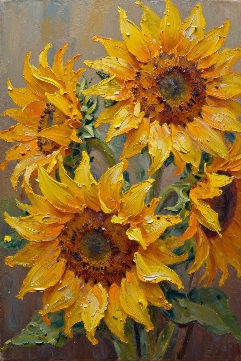 Oil painting of a tight cluster of sunflowers with thick impasto yellow petals, dark brown centers, green stems, and leaves on a beige background.