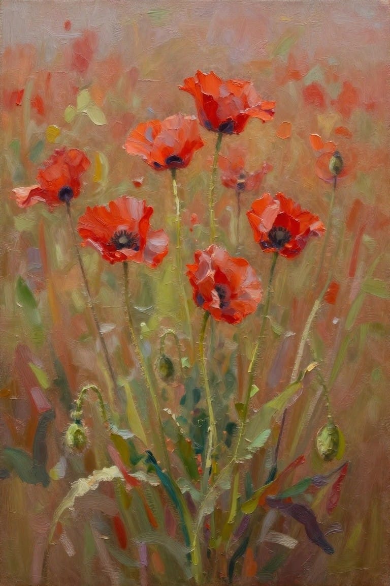 Oil painting of red poppies with detailed petals and centers in a grassy field against a soft blurred warm background.