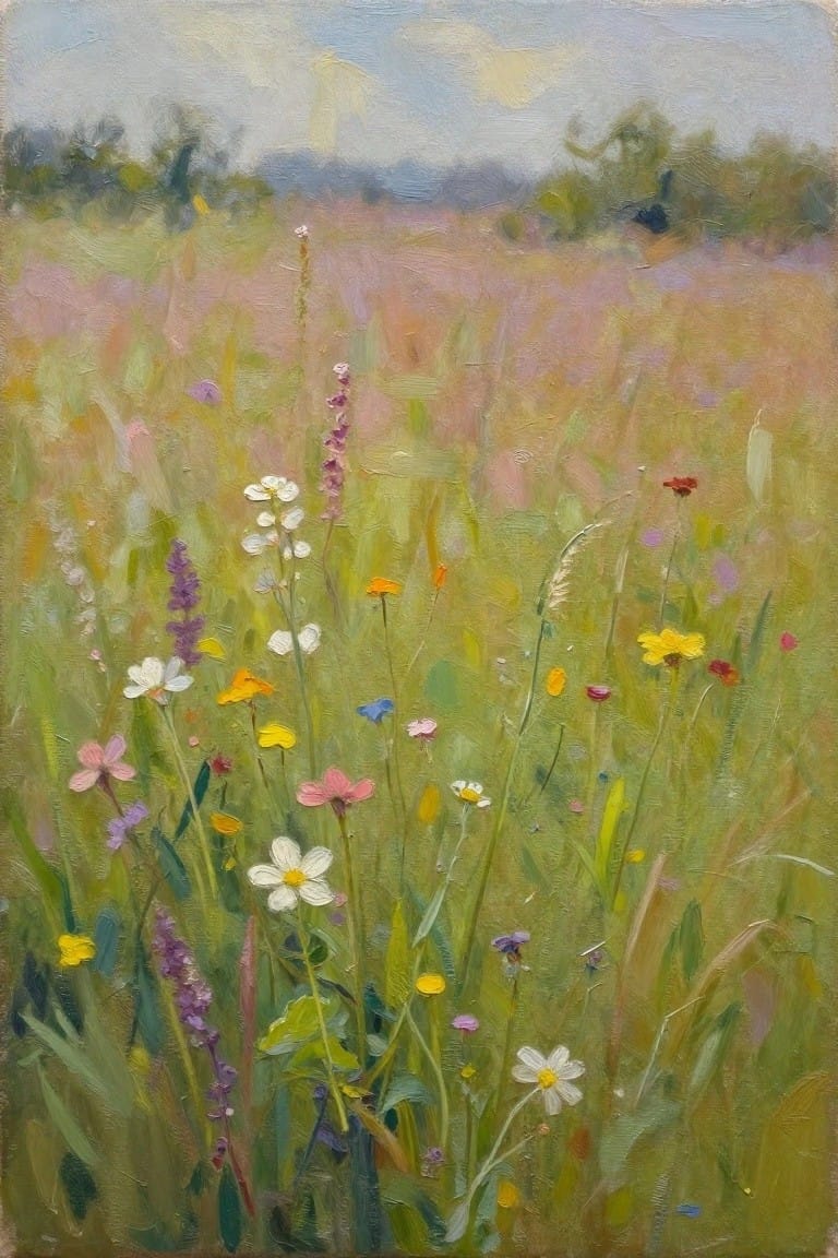 Vertical oil painting of wildflowers including purple spikes, white daisies, pink blooms, and yellow flowers in a green meadow extending to distant trees under a cloudy sky.