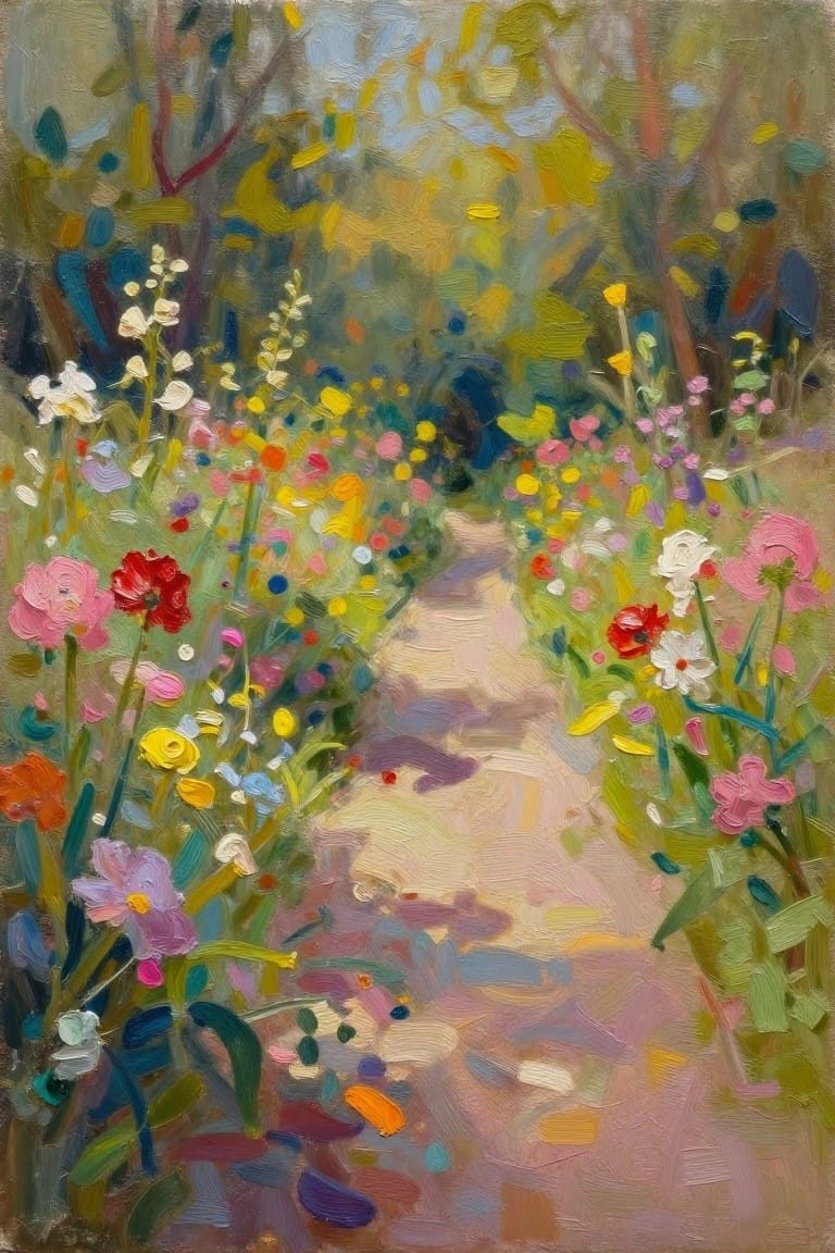 Oil painting of a winding dirt path through colorful wildflowers bordered by trees with dappled light filtering through.
