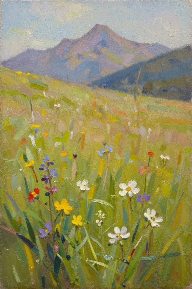 Oil painting of a foreground meadow with colorful wildflowers and grasses leading to distant purple mountains under a pale blue sky.