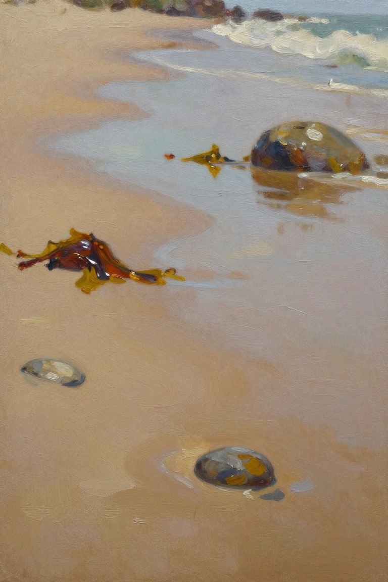 Oil painting of wet sandy beach with scattered shells, rocks, red kelp, and gentle waves in the background.