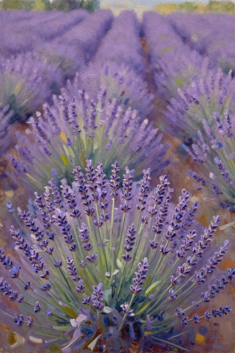 Oil painting depicting rows of purple lavender plants in a field, focused on a foreground cluster with distant fields and horizon.