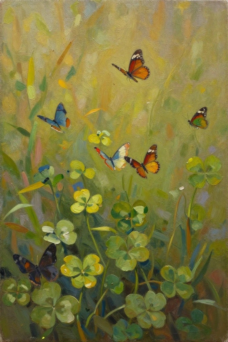 Oil painting of colorful butterflies flying among green four-leaf clovers and yellow flowers in a grassy meadow.