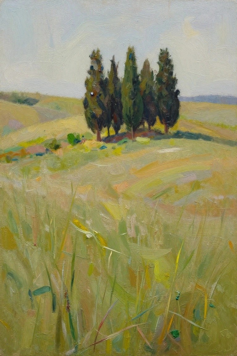 Oil painting depicting four tall cypress trees on a hill surrounded by rolling yellow-green fields and foreground grass under a hazy sky.