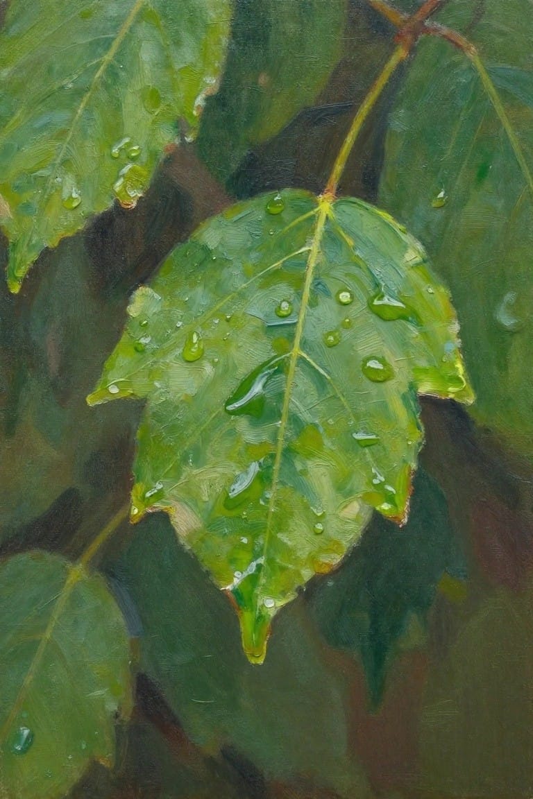 Close-up oil painting of a green lobed leaf covered in water droplets on a blurred green background.