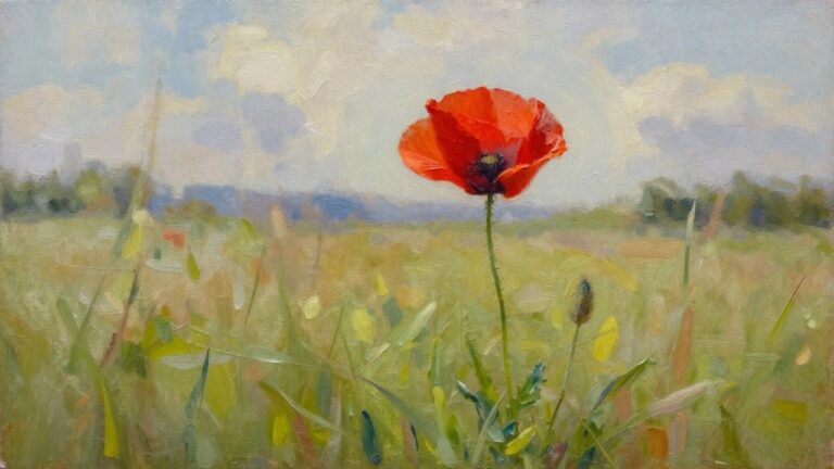 24 Relaxing Nature Oil Painting Ideas For Beginners Oil painting of a bright red poppy standing in a green field of grasses under a partly cloudy sky with distant hills and trees.