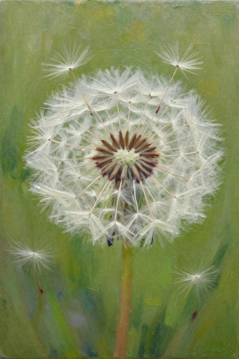 Oil painting of a central large white dandelion seed head on a textured green background with smaller dandelions and stems nearby.
