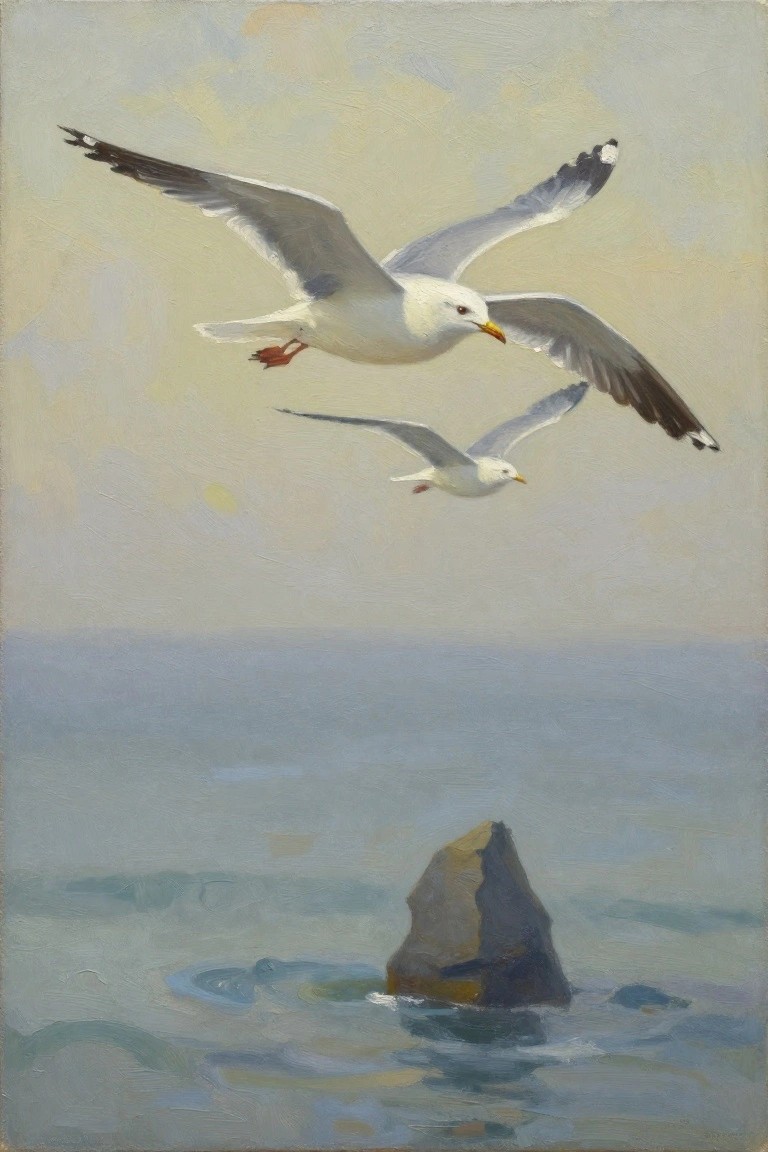 Oil painting of two white seagulls flying over a calm gray-blue sea with a dark rock protruding from the water under a pale sky.