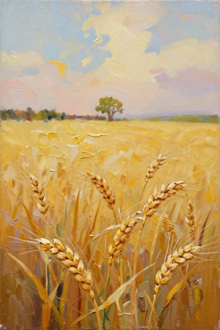 Oil painting of textured golden wheat stalks in foreground, vast wheat field, distant tree, and blended sky with clouds.