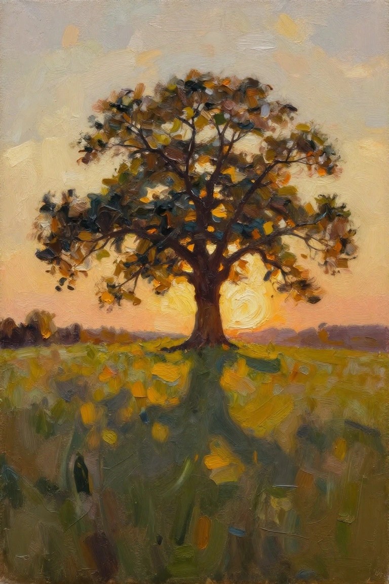 Oil painting of a large tree with mixed orange and green leaves centered against a setting sun over yellow-green fields.
