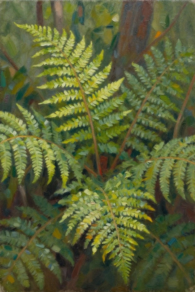 Oil painting of green fern fronds clustered around reddish-brown stems and tree trunks in a shaded forest setting.