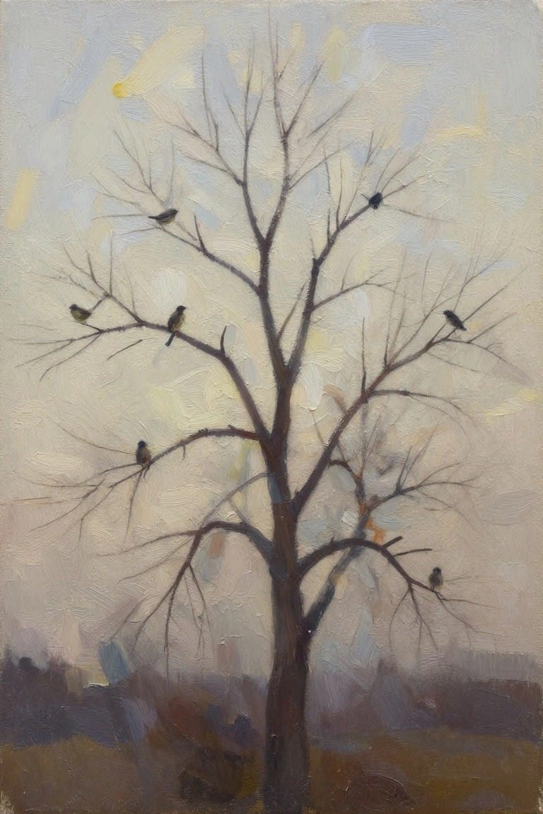 Oil painting of a leafless brown tree with several small black birds perched on branches, set against a misty pale sky with a yellow sun and earthy ground.