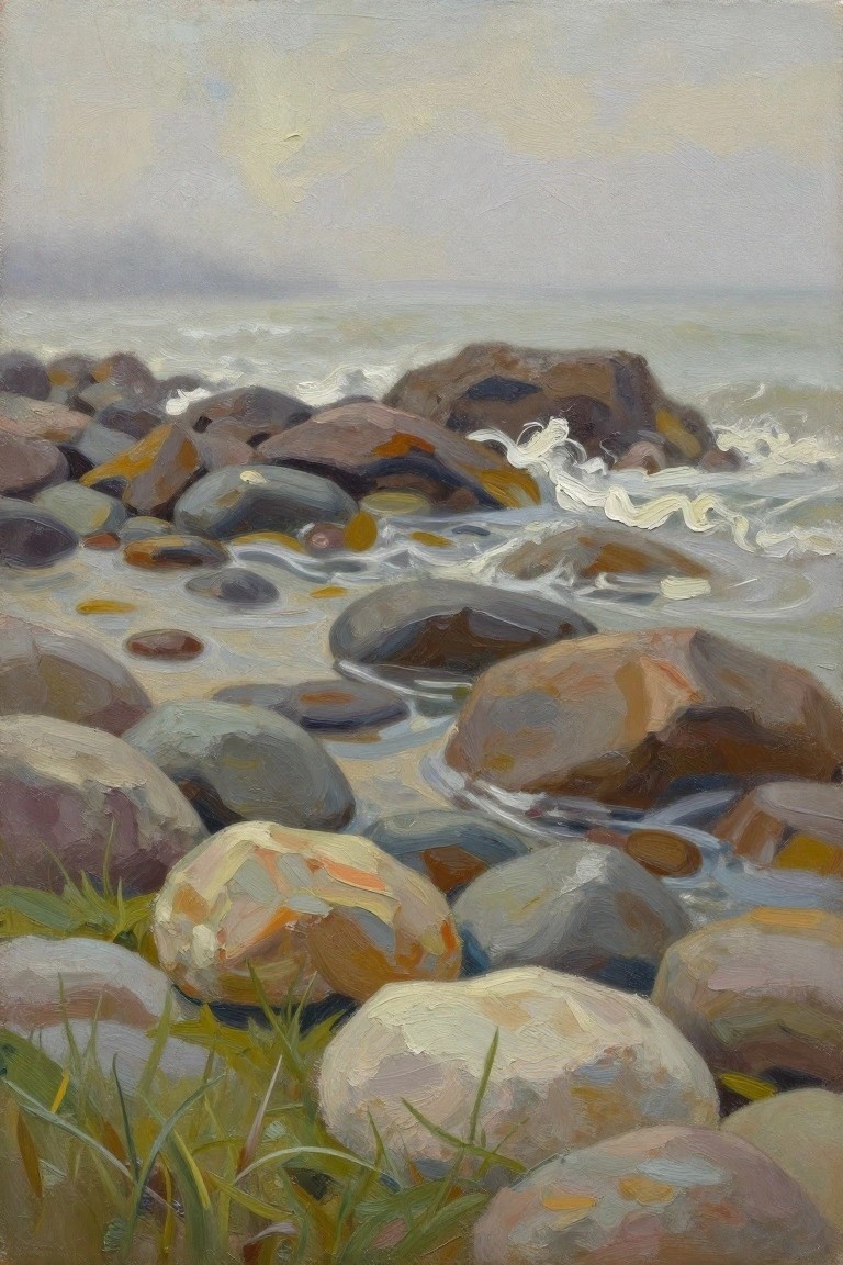 Oil painting of rounded rocks on a foggy seashore with crashing waves, shallow water, distant misty ocean, and foreground grass.