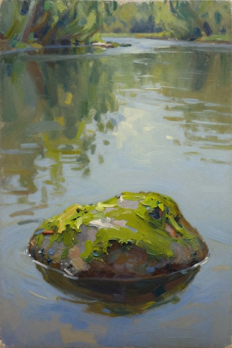 Oil painting of a moss-covered rock in shallow reflective water with green trees in the background.