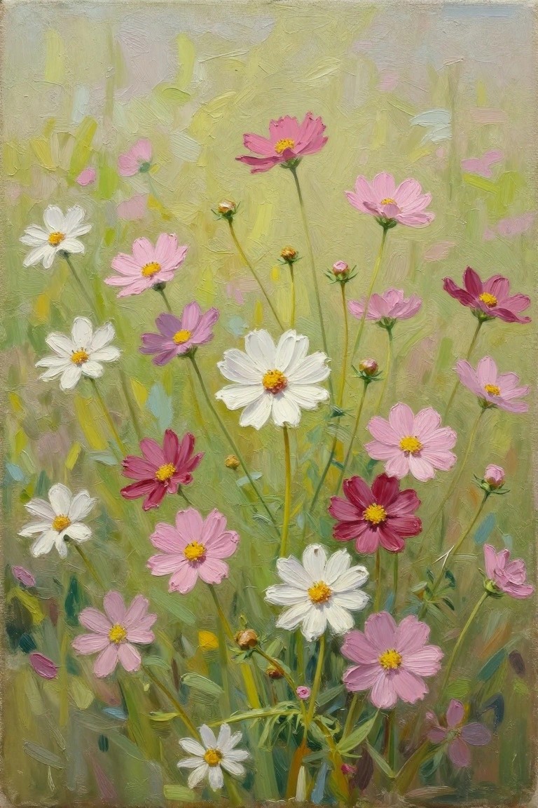 Oil painting of clustered pink, white, and magenta cosmos flowers with green stems and background.