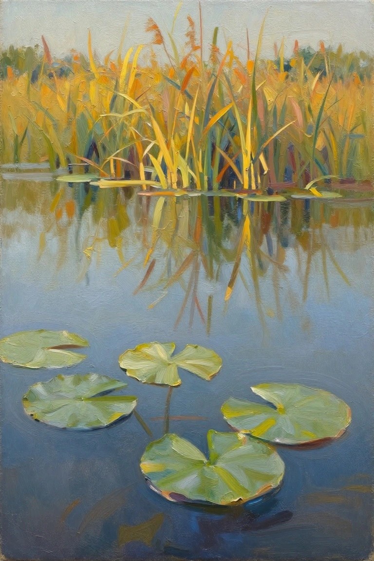 Oil painting of green lily pads floating on blue water with golden reed reflections and background reeds.