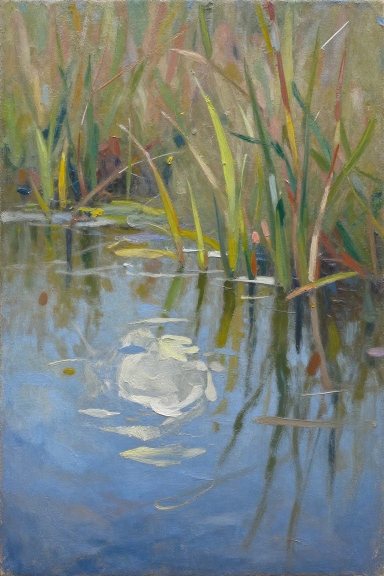 Oil painting of tall reeds in greens, yellows, and reds rising from blue shallow water with blurred reflections below.
