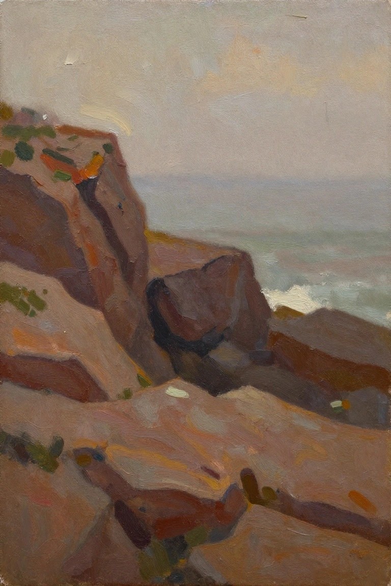 Oil painting of reddish-brown rocky cliffs with green vegetation overlooking a gray ocean with white-capped waves under a cloudy sky.