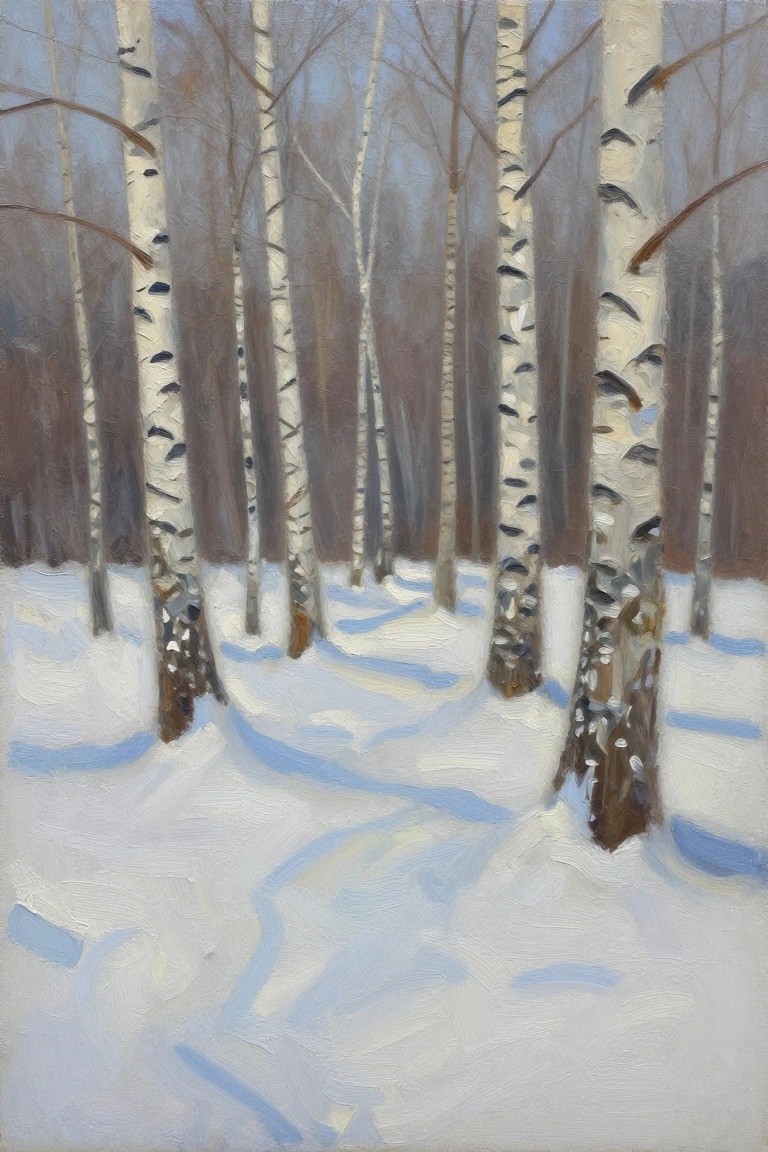Oil painting of white birch trees with black markings standing in snow, with a path winding between them under a pale sky.
