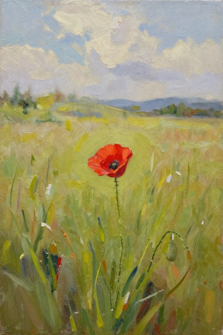 Oil painting of a bright red poppy standing in a green field of grasses under a partly cloudy sky with distant hills and trees.