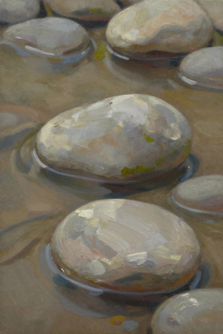 Oil painting of smooth gray pebbles with green moss partially submerged in shallow rippling water.