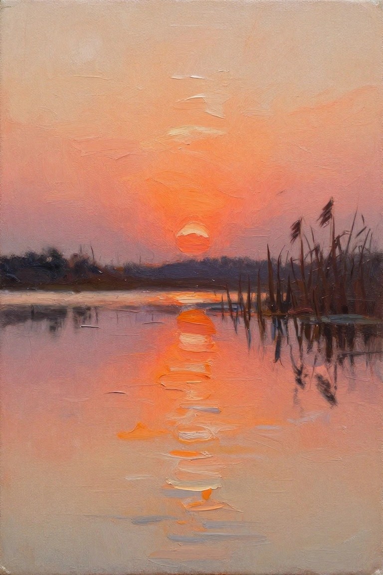 Oil painting of an orange sunset sun reflecting on calm water with dark reeds in the foreground and distant land.