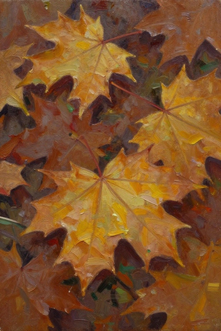 Oil painting of overlapping yellow, orange, and red maple leaves with thick textured brushwork on a dark ground.