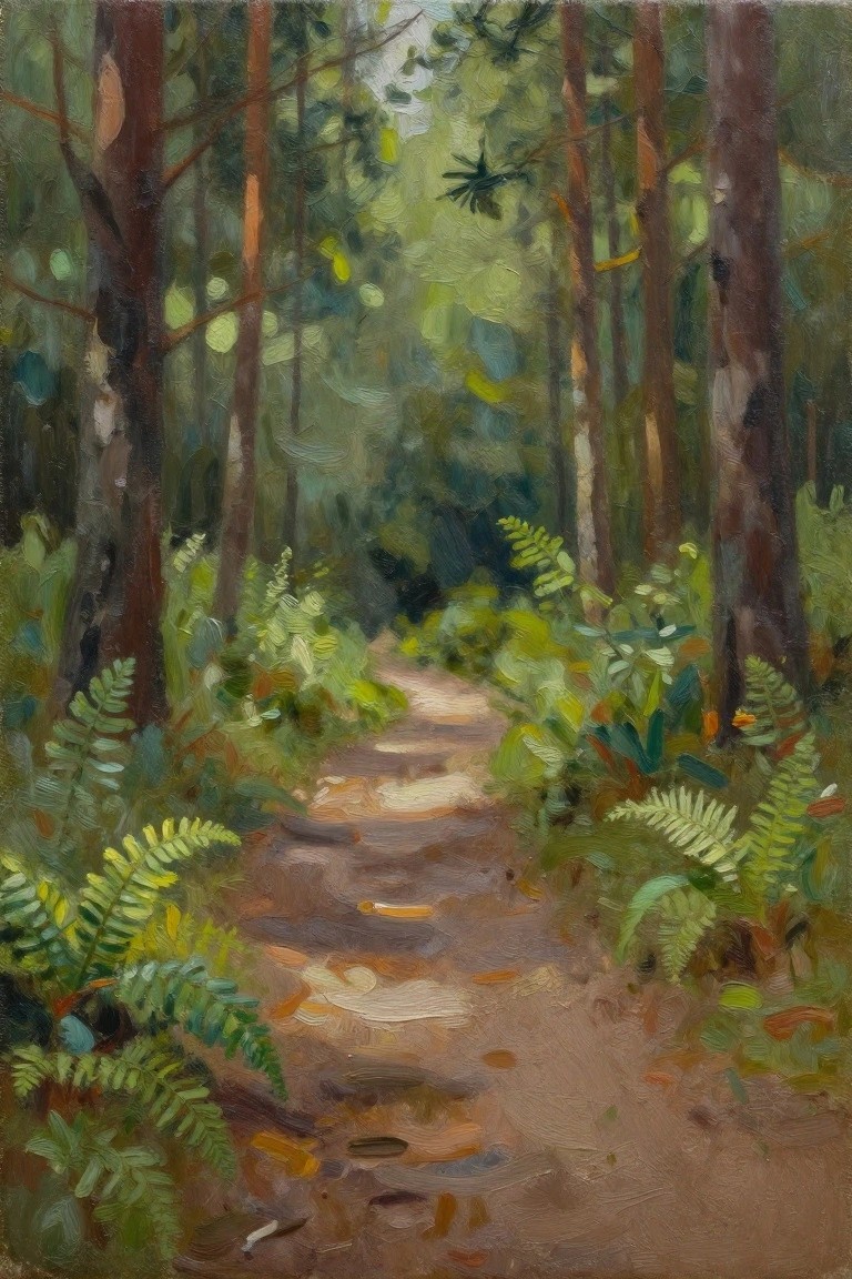 Oil painting of a curving dirt path through a pine forest with ferns and greenery on both sides, dappled sunlight on the ground.