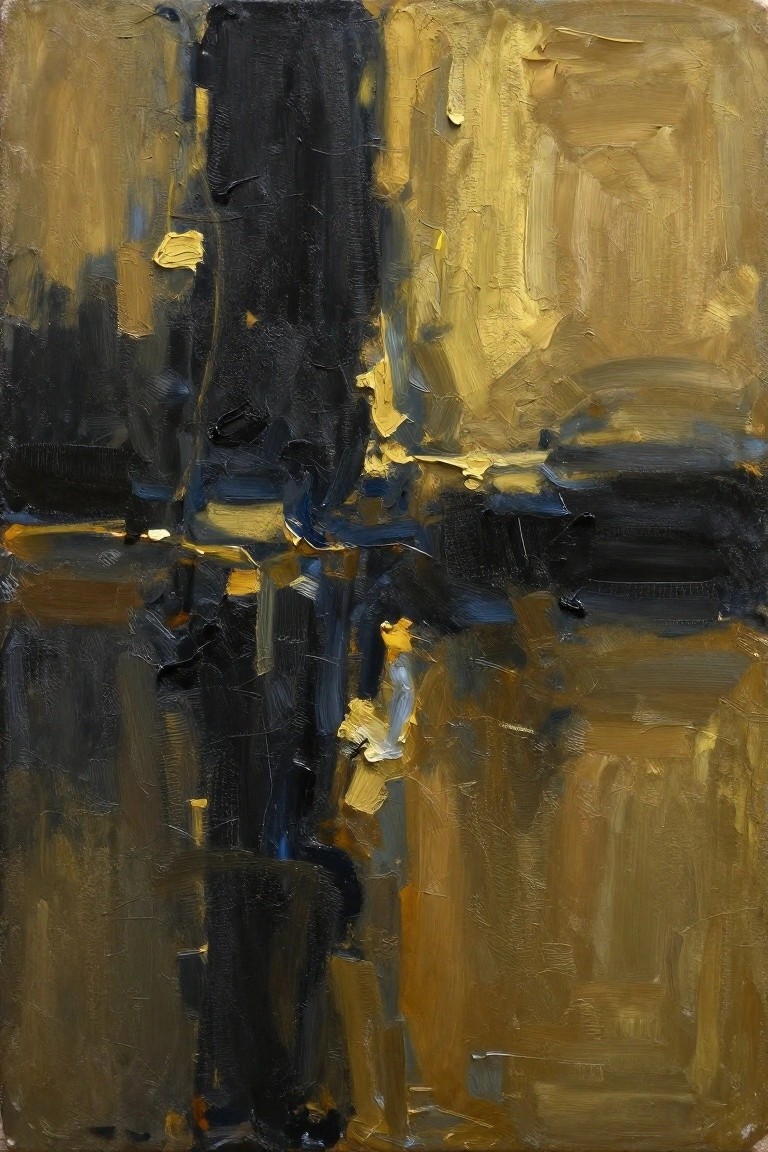 Abstract oil painting featuring a tall central black form dividing golden and ochre fields with textured impasto and subtle blue accents.