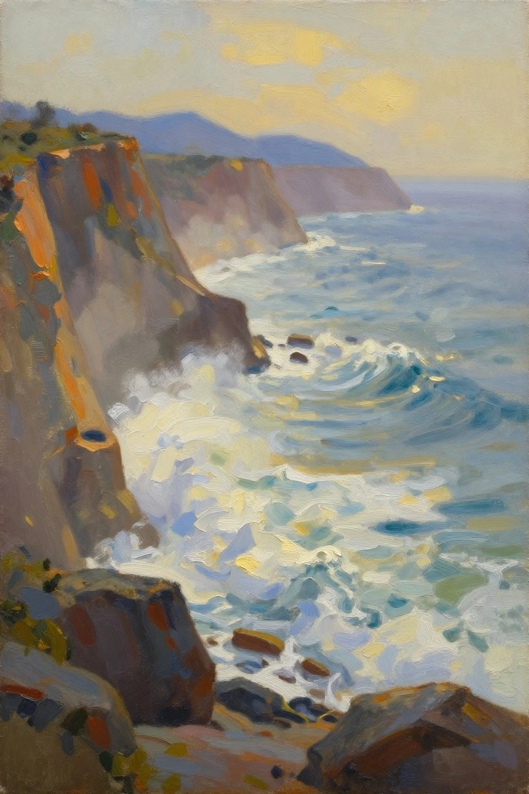 Oil painting of tall reddish cliffs beside crashing ocean waves under a golden sky with distant blue mountains.