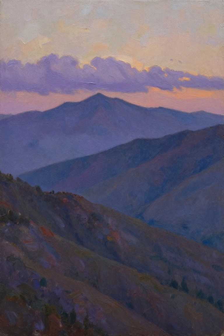 Oil painting of multiple purple mountain ridges fading into distance under pink-orange sunset sky with purple clouds.