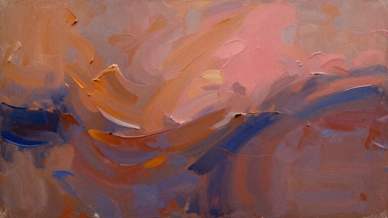 24 Striking Large Canvas Oil Painting Ideas for Statement Wall Art Abstract oil painting with curved, blended amorphous shapes in pinks, oranges, blues, and browns using thick impasto brushwork.