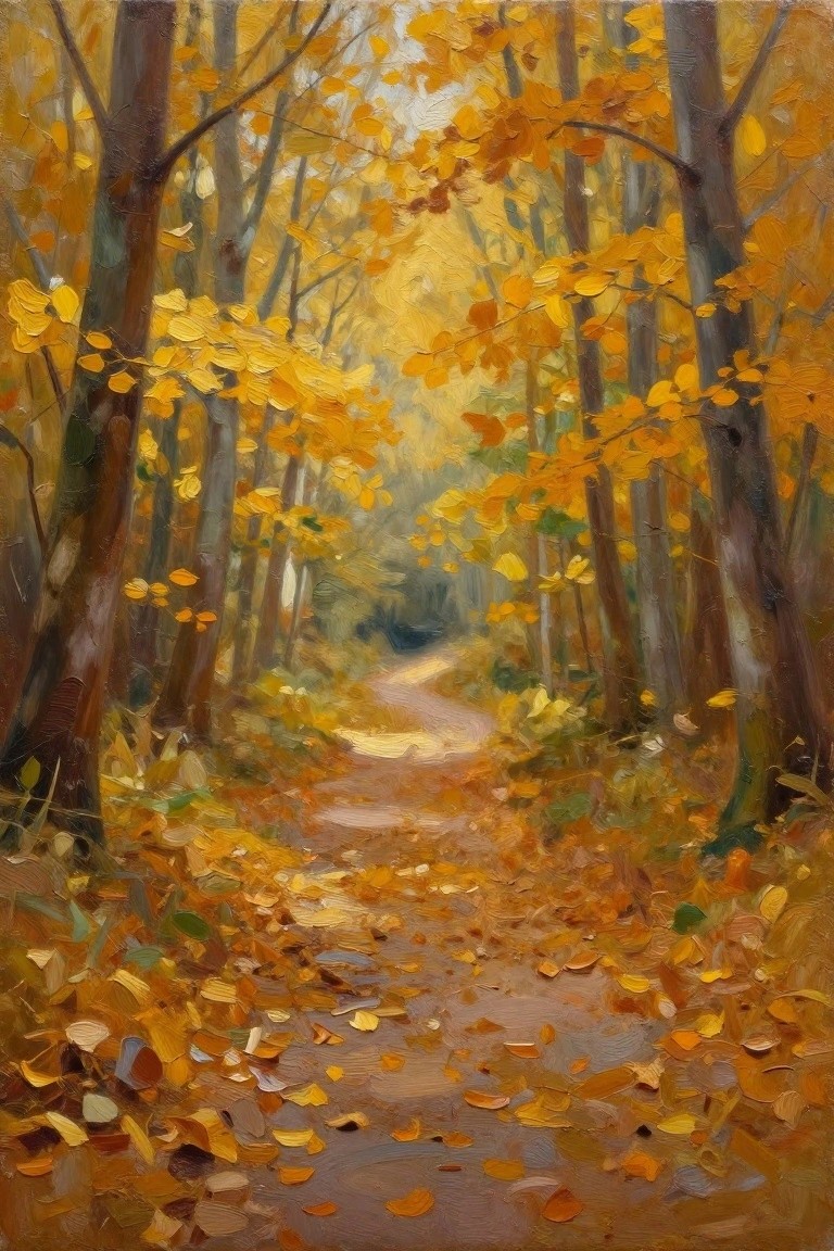 Oil painting of a leaf-covered dirt path curving through a forest of tall birch trees with bright yellow and orange autumn leaves.