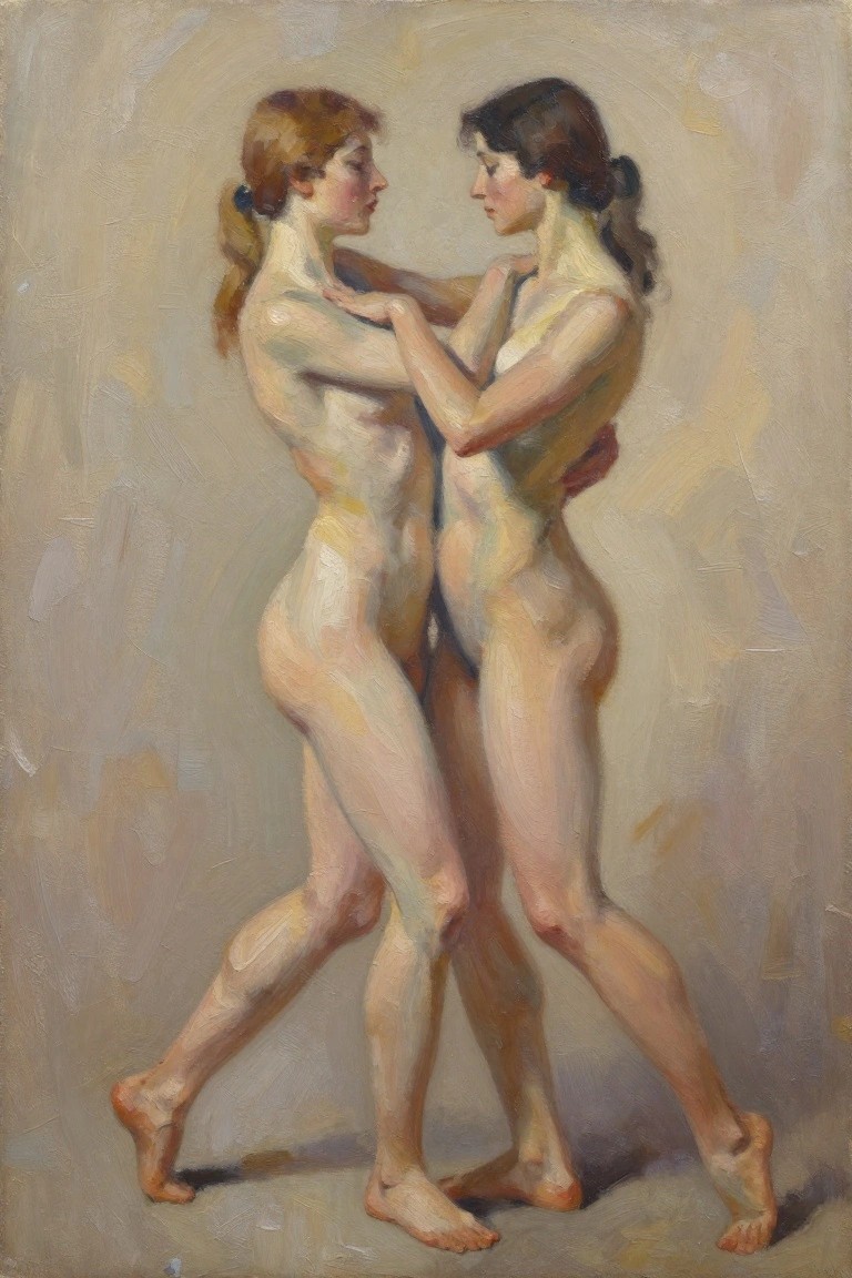 Oil painting of two nude women with ponytails embracing in profile, posed on tiptoes against a beige background.