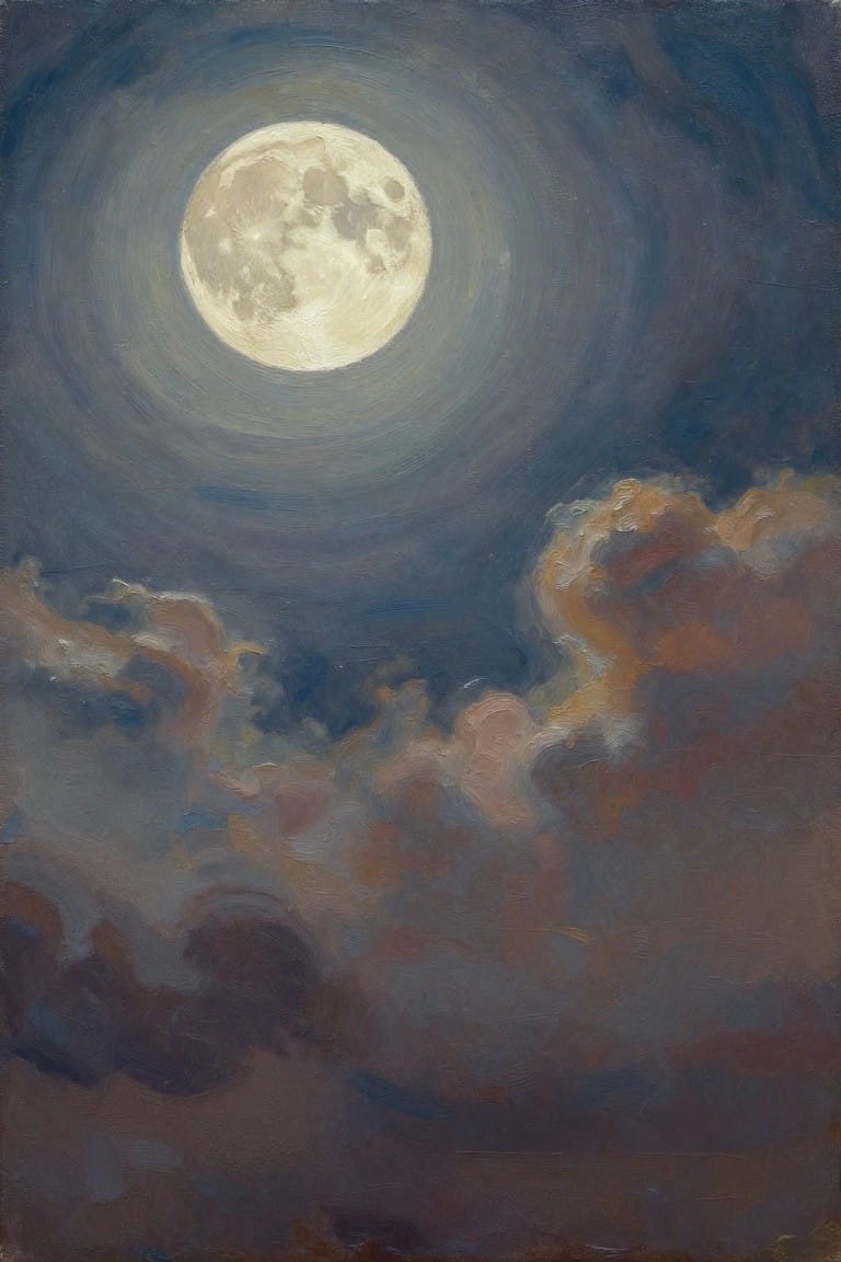 Oil painting of a bright full moon centered in a dark blue night sky with swirling orange-tinged clouds.