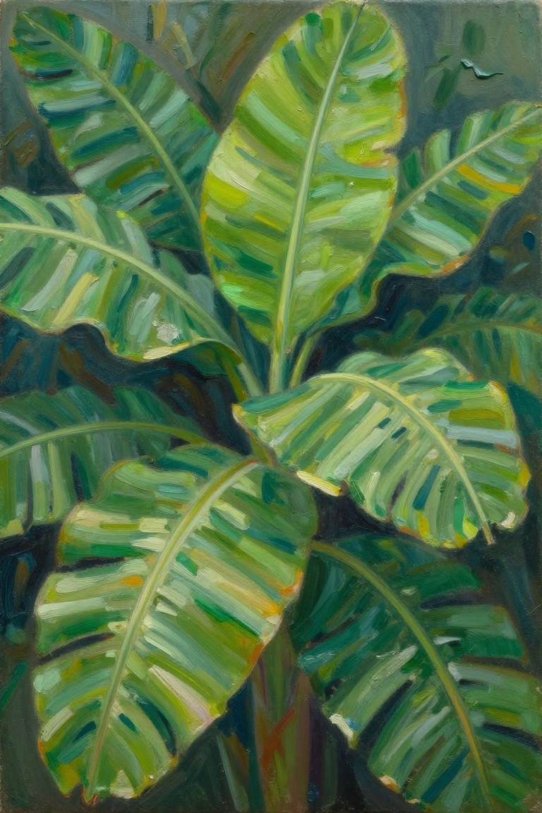 Oil painting of overlapping broad banana leaves in varied green tones with textured brushstrokes against a dark background.