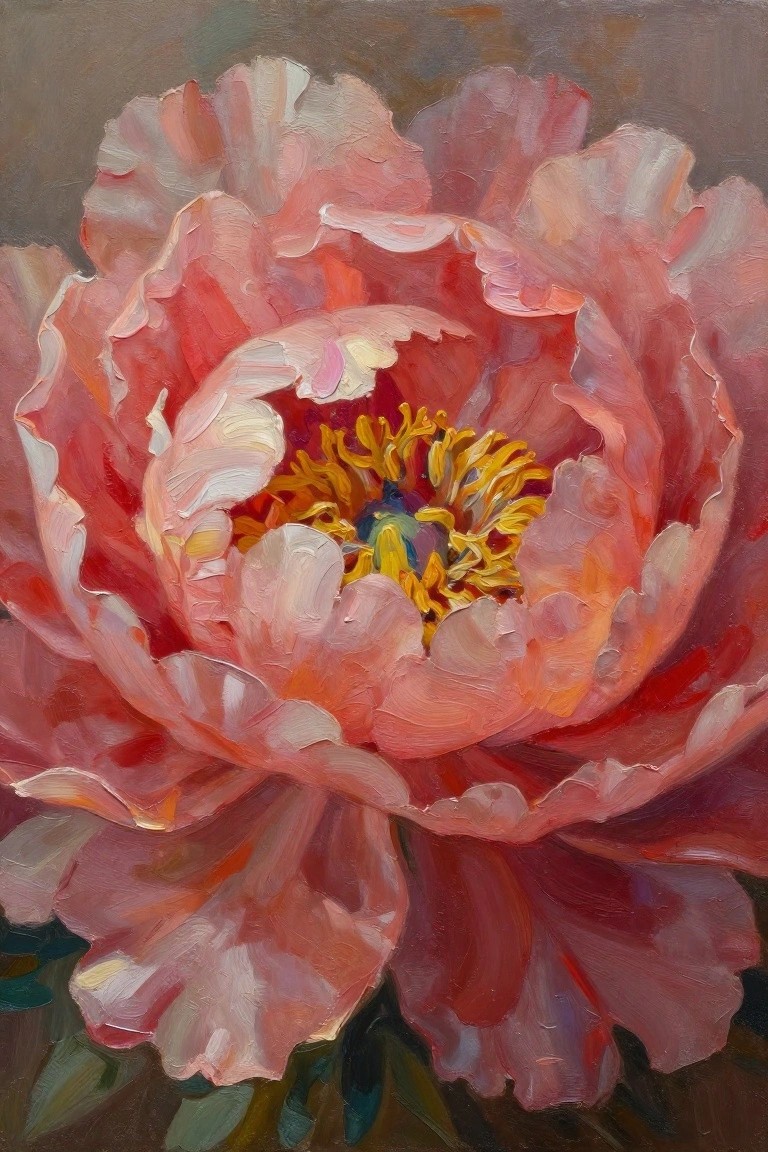 Oil painting close-up of a pink peony flower with ruffled petals, yellow center, and dark neutral background.