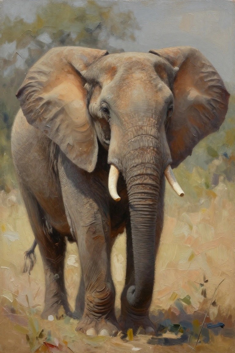 Oil painting of a large gray African elephant facing forward with flared ears and tusks in golden savanna grass.