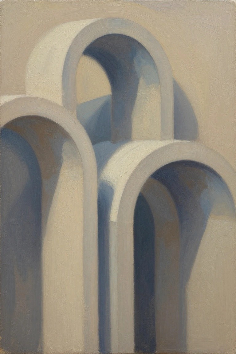 Oil painting of overlapping white arches with soft blue-gray shadows on a beige background.