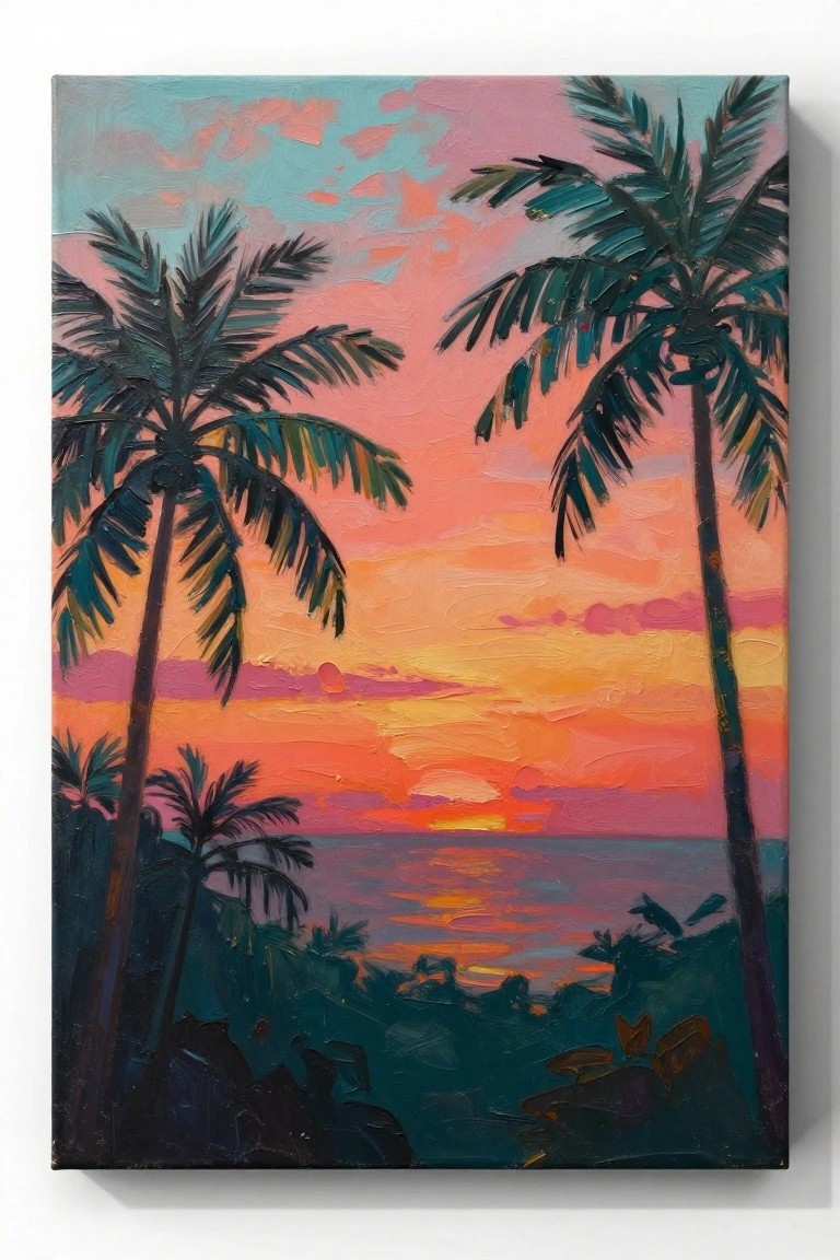 Oil painting of dark palm trees framing a vibrant pink-orange sunset over blue ocean water with green foliage below.