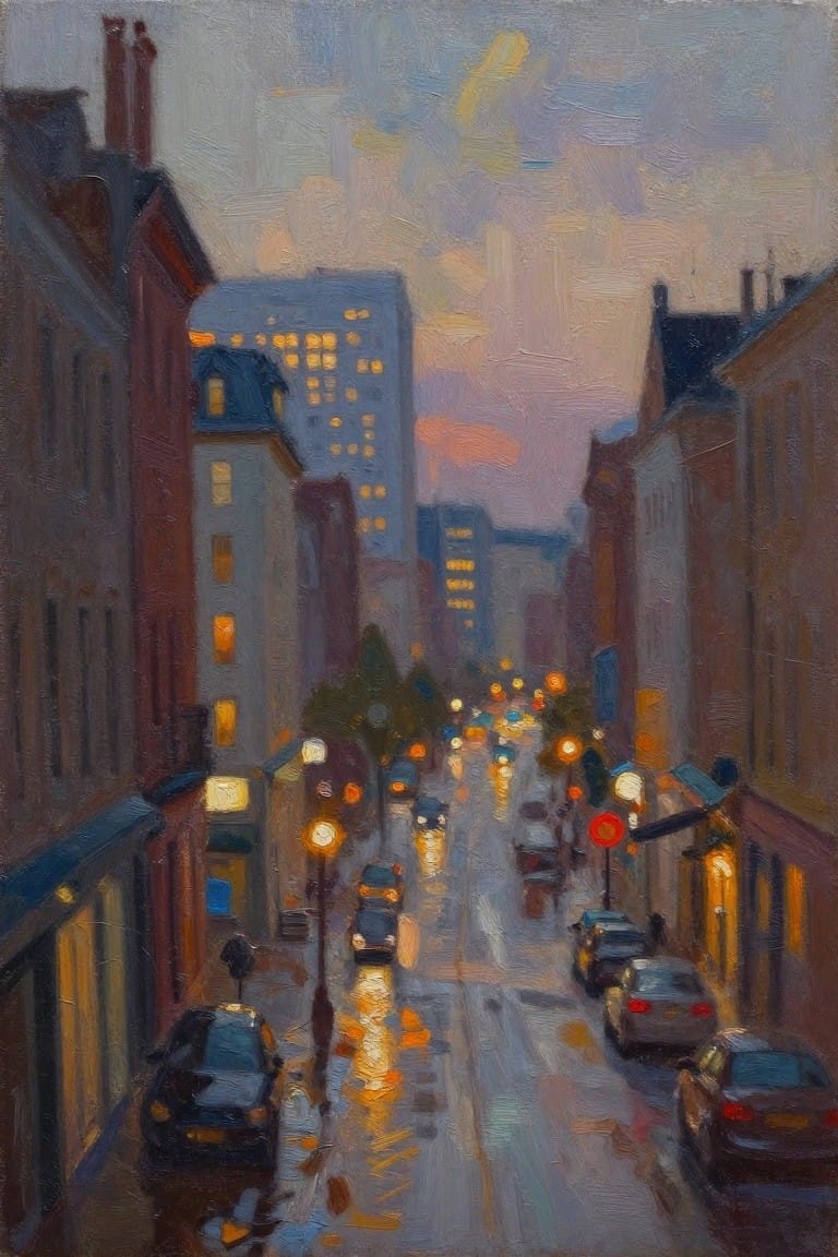 Oil painting of a narrow rainy urban street at twilight with cars, streetlights, and building reflections on wet pavement.