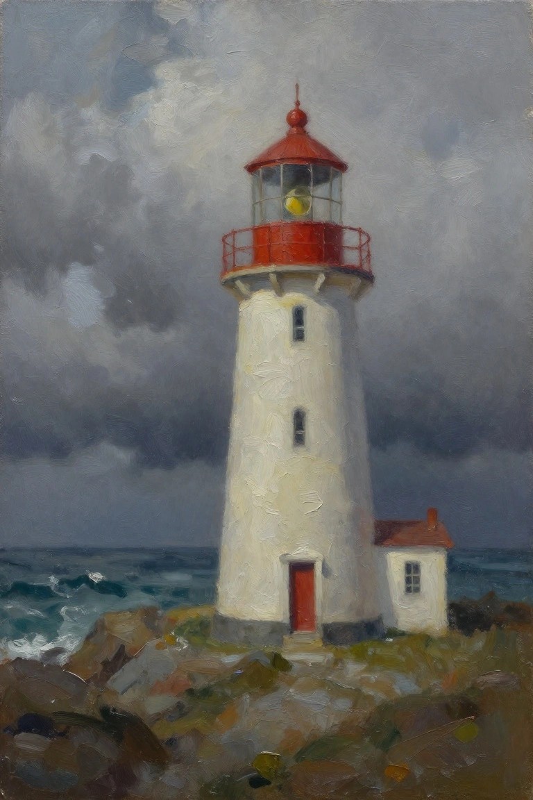 Oil painting of a tall white lighthouse with red top on rocky coast beside ocean waves under dark stormy skies.