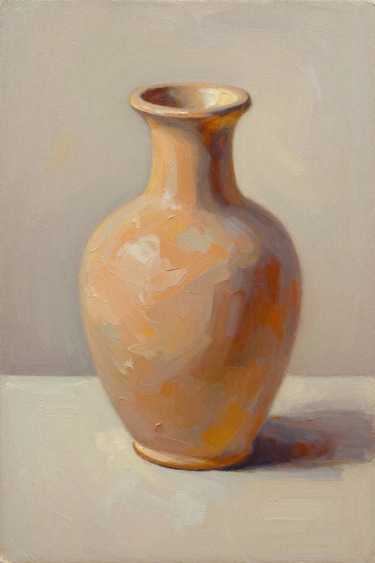 Oil painting of a textured orange terracotta vase on a beige surface with soft shadow and neutral background.