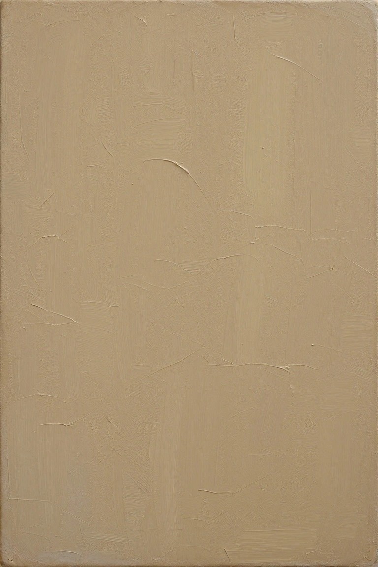 A rectangular canvas covered in uniform beige oil paint with prominent brushstroke textures and subtle tonal shifts.