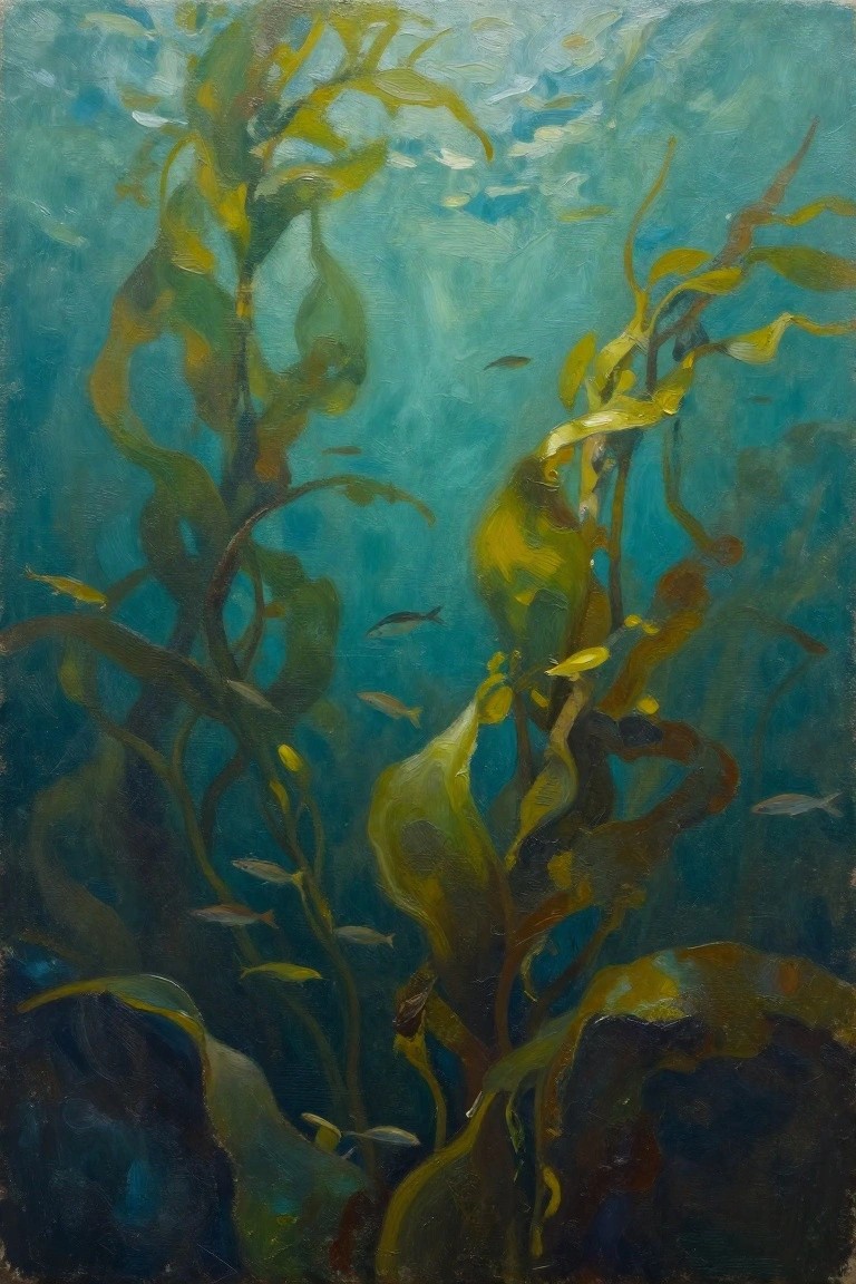 Oil painting of swaying green kelp fronds and small fish in underwater teal and blue tones.